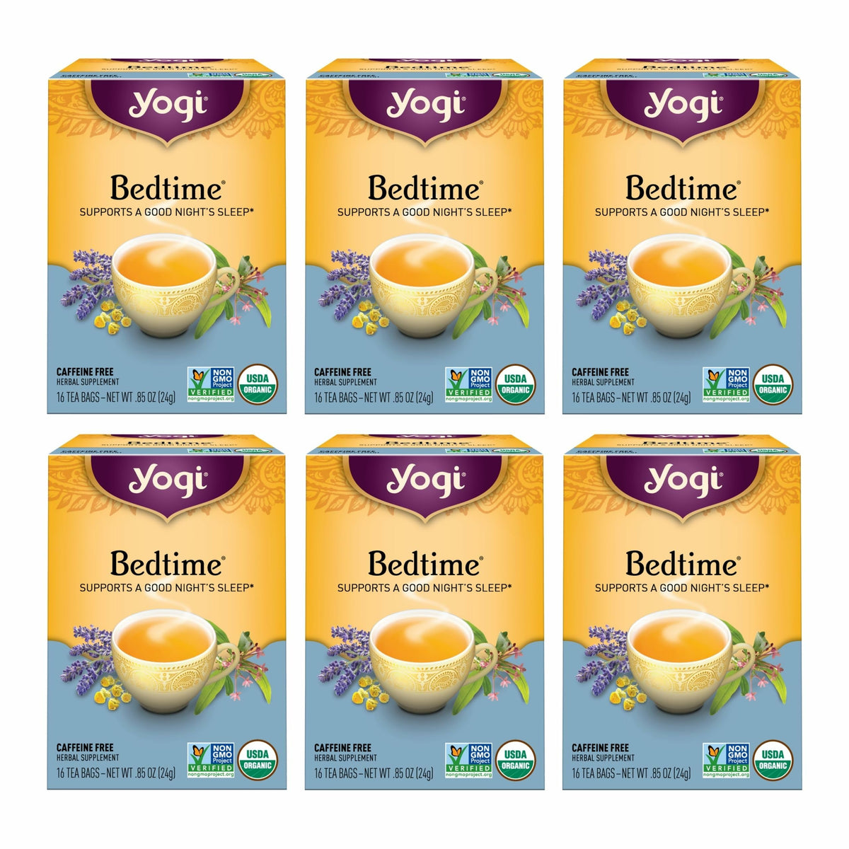Yogi Bedtime Tea (6 Pack) – Organic Herbal Tea with Chamomile, Passionflower, Valerian, Lavender | 96 Bags