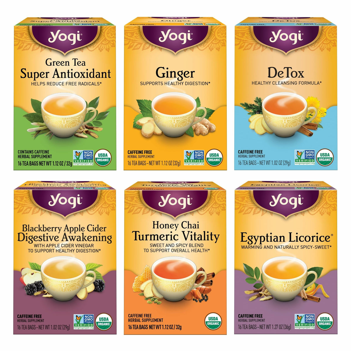 Yogi Digestion & DeTox Sampler Pack – 6 Herbal & Green Teas, 96 Bags