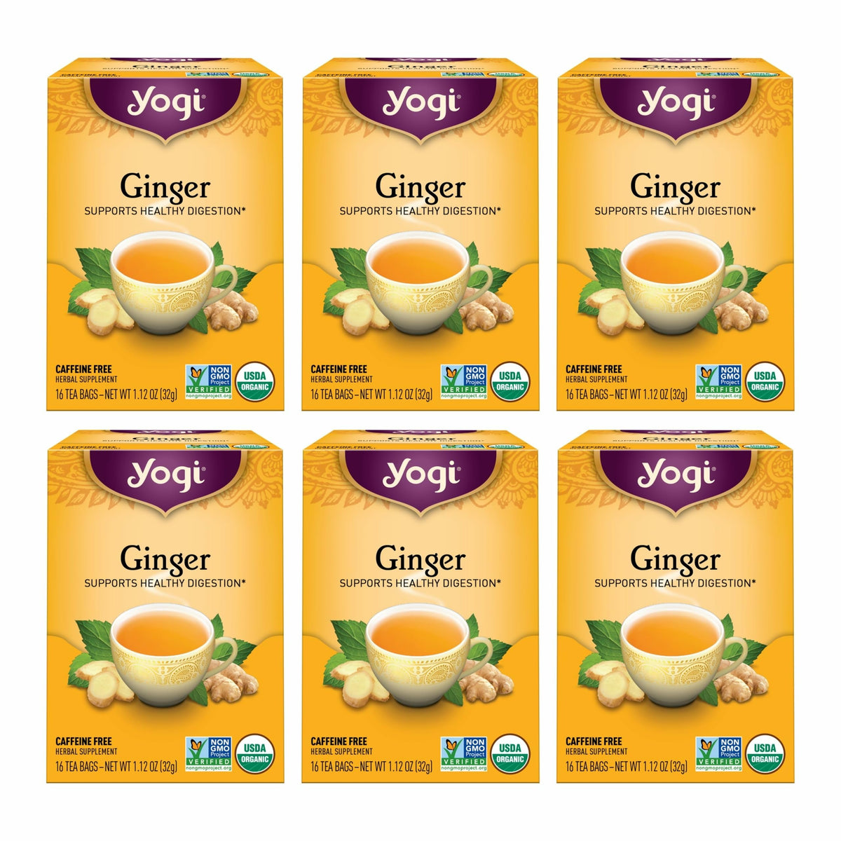 Yogi Ginger Tea (6 Pack) – Caffeine-Free Herbal Blend for Digestive Comfort (96 Bags)