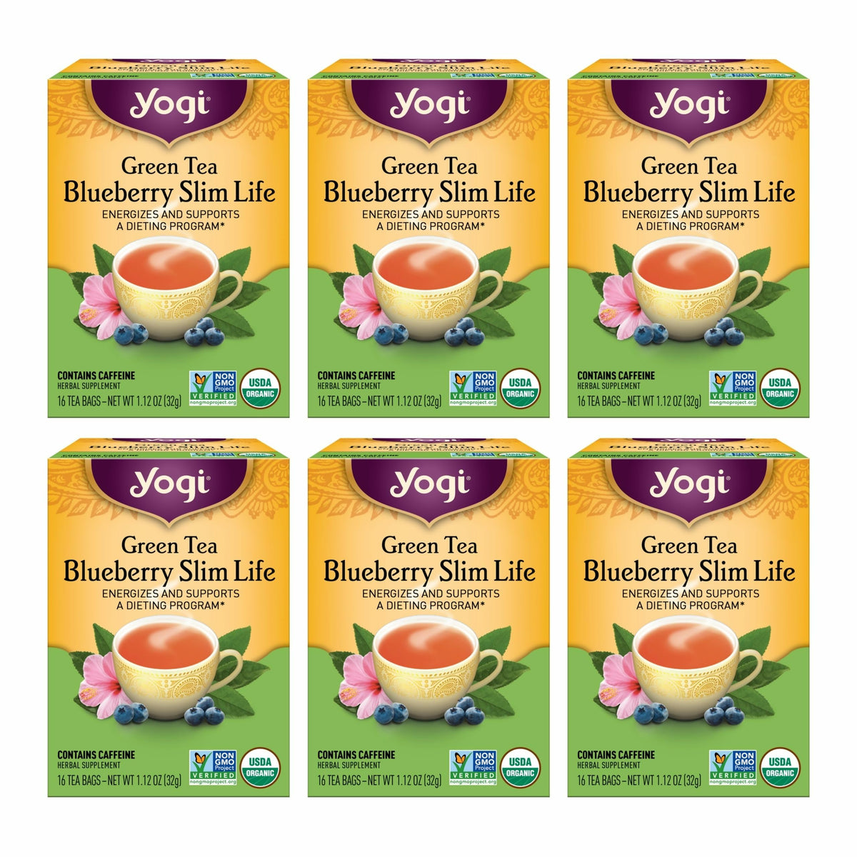 Yogi Green Tea Blueberry Slim Life Tea — Organic, Stamina & Energy (16 Bags × 6 Packs)