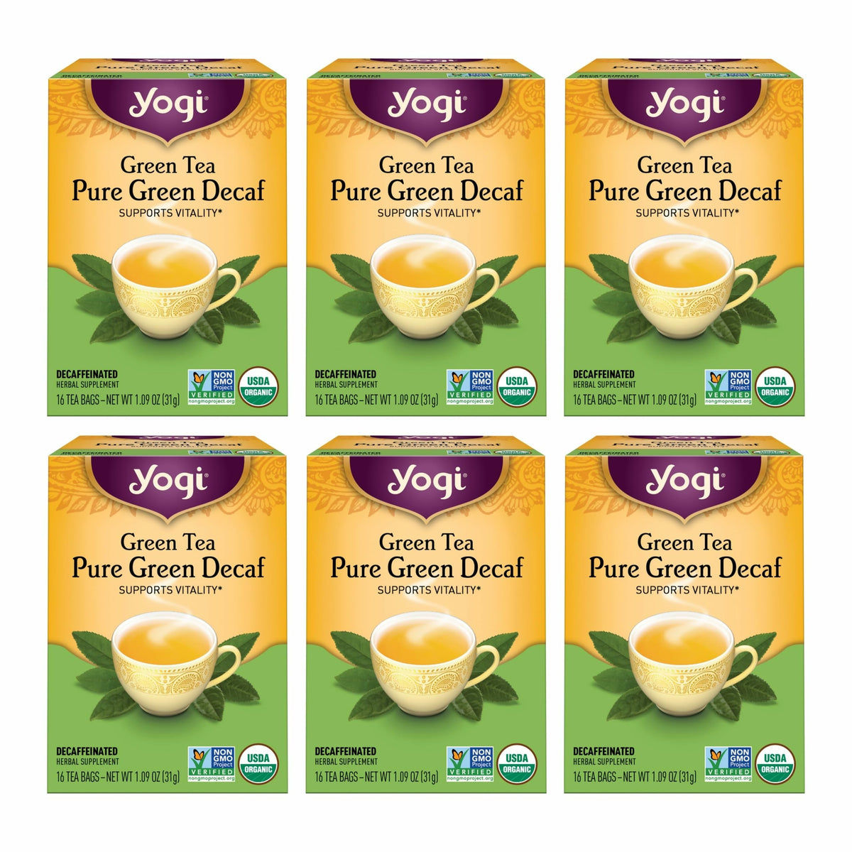Yogi Green Tea Pure Green Decaf (6 Pack) – Organic, Low Caffeine, 96 Bags