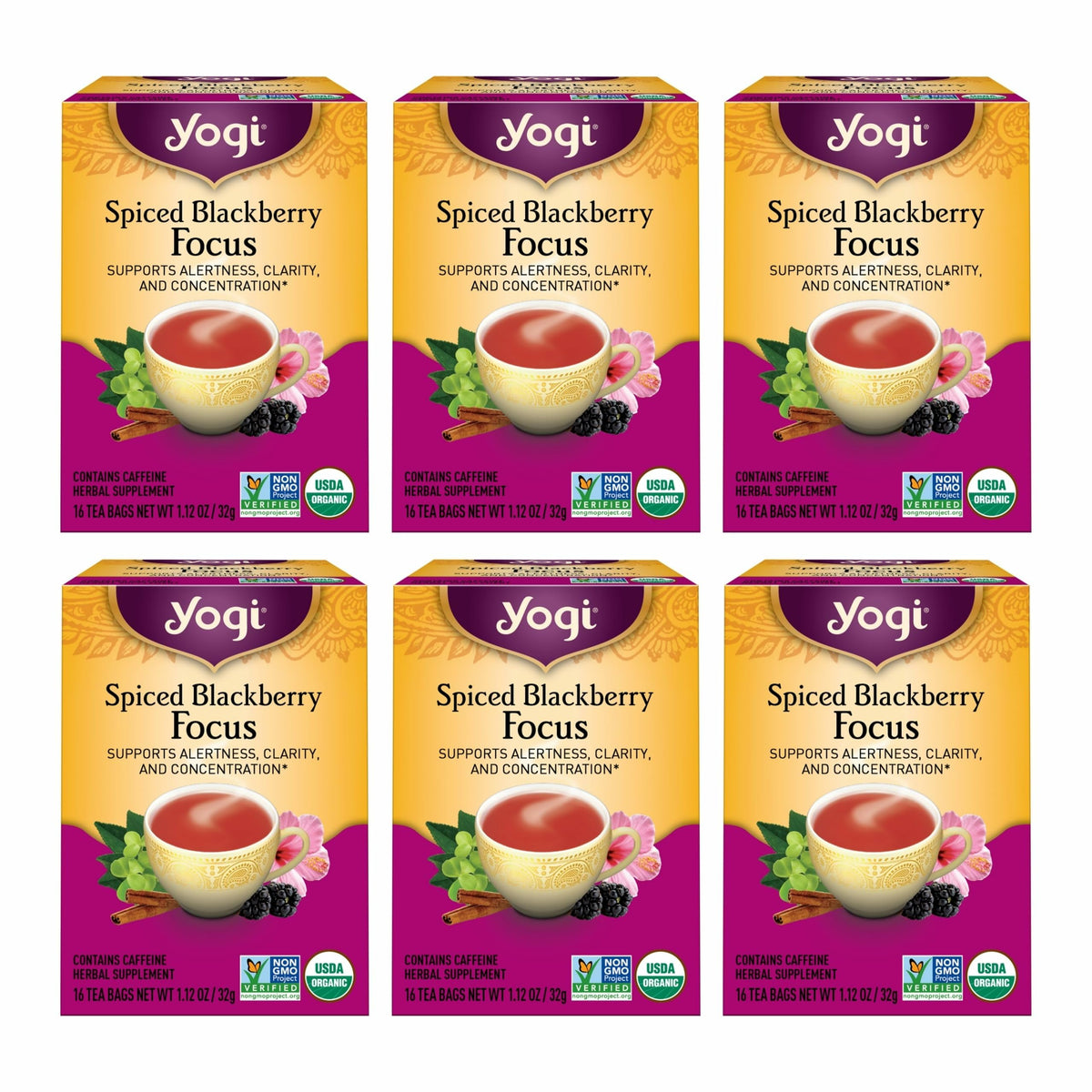 Yogi Spiced Blackberry Focus Tea – Pack of 6 (16 Bags Each), Vegan, Organic & Non-GMO