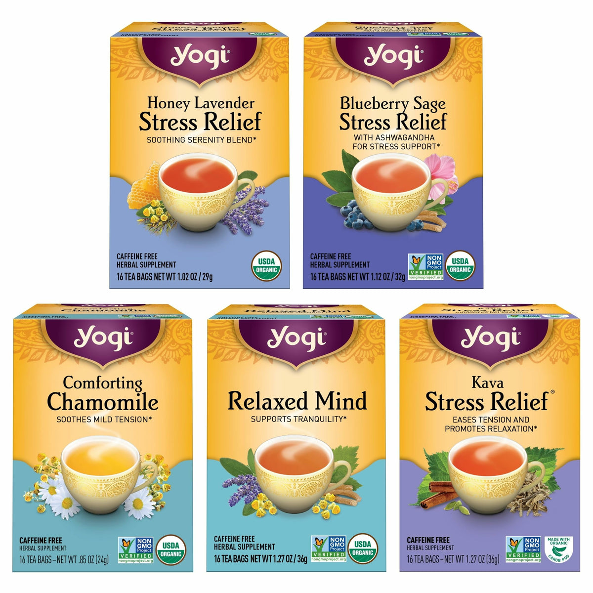 Yogi Stress Relief & Relaxation Tea Sampler — 16 Bags per Pack, 5 Packs (Organic, Caffeine-Free)