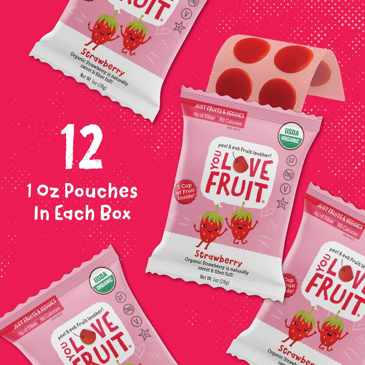 YOU LOVE FRUIT Strawberry All Natural Fruit Snacks – 12-Pack, Gluten Free, Non-GMO, Vegan