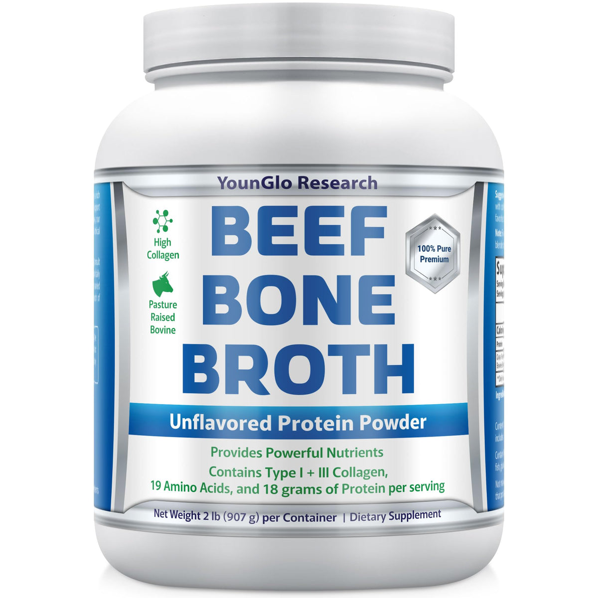 YounGlo Research Bone Broth Beef Protein Powder – 2 lb, Unflavored, Grass-Fed Bovine, High Collagen & Gelatin