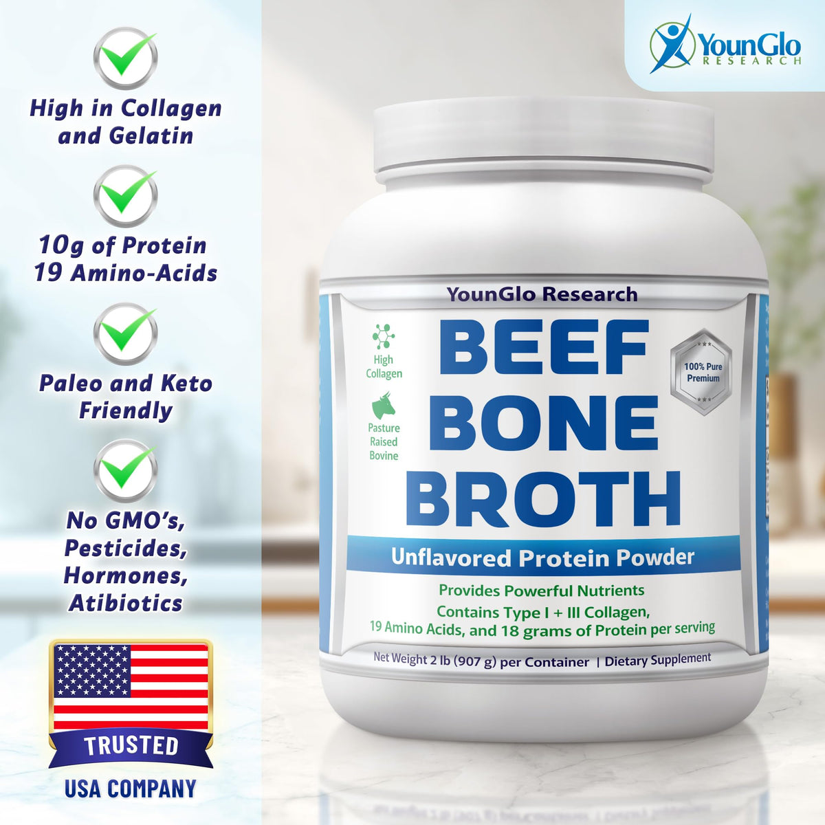 YounGlo Research Bone Broth Beef Protein Powder – 2 lb, Unflavored, Grass-Fed Bovine, High Collagen & Gelatin