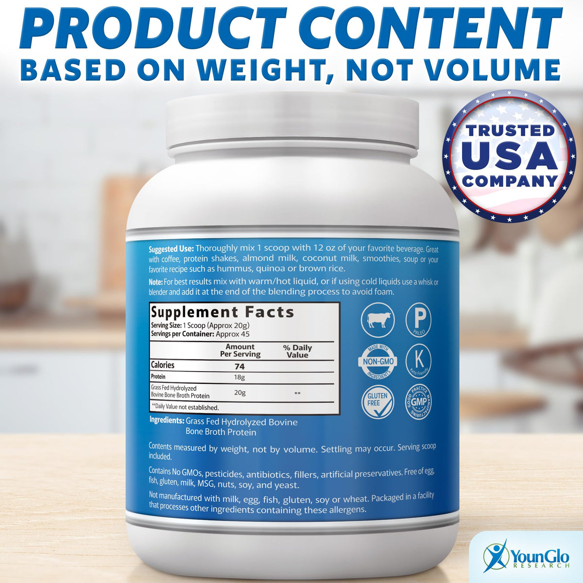 YounGlo Research Bone Broth Beef Protein Powder – 2 lb, Unflavored, Grass-Fed Bovine, High Collagen & Gelatin