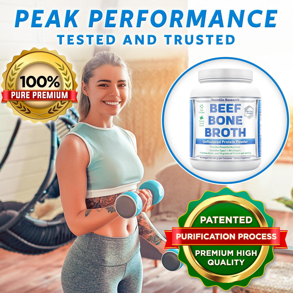 YounGlo Research Bone Broth Beef Protein Powder – 2 lb, Unflavored, Grass-Fed Bovine, High Collagen & Gelatin