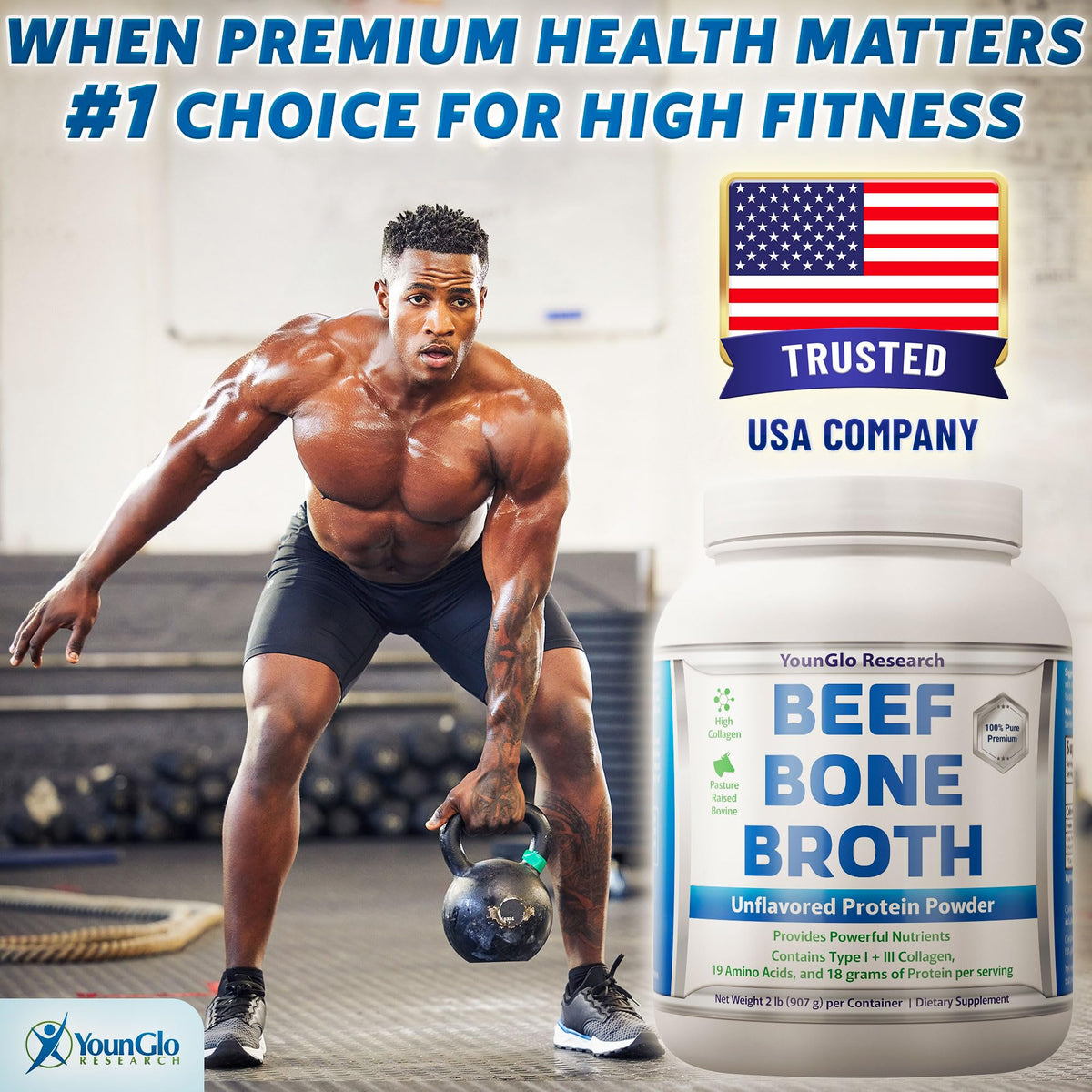 YounGlo Research Bone Broth Beef Protein Powder – 2 lb, Unflavored, Grass-Fed Bovine, High Collagen & Gelatin
