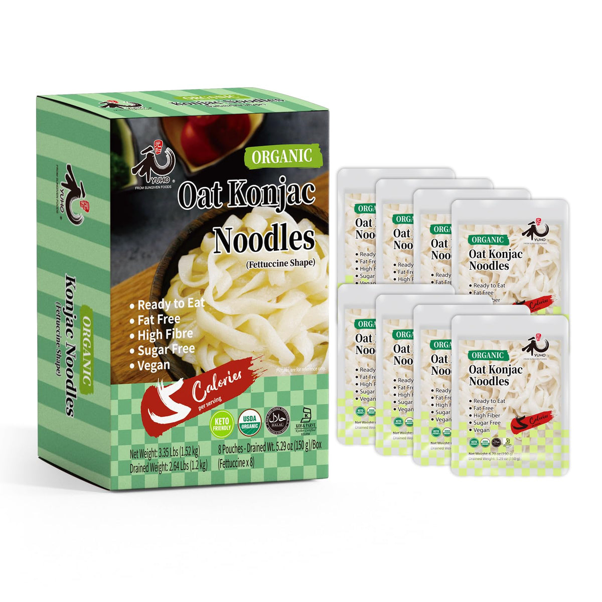 YUHO Organic Konjac Shirataki Noodles Fettuccine – 8 Pack, Gluten Free, Low Carb