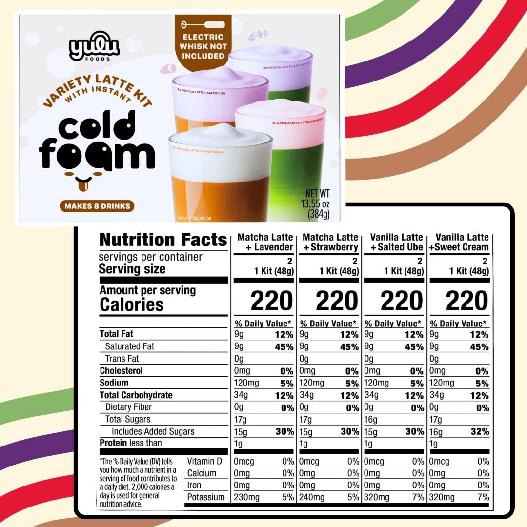 YULU FOODS Instant Latte + Cold Foam Variety Kit — 8 Drinks, 8.47 oz | Matcha & Vanilla Lattes + Strawberry, Lavender, Sweet Cream & Ube Cold Foams | Shelf-Stable, Non-Dairy
