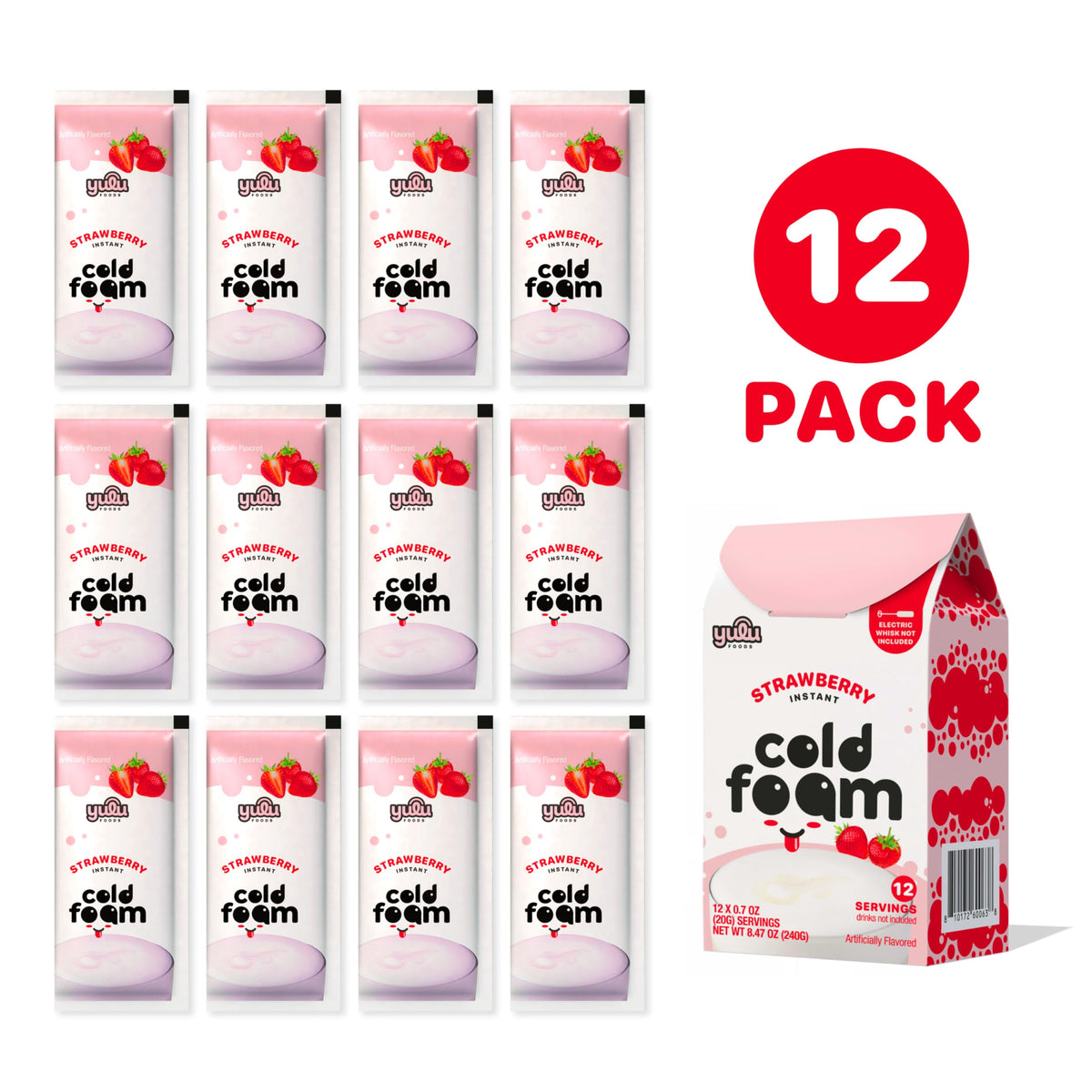 YULU FOODS Strawberry Instant Cold Foam Sticks – Non-Dairy Café-Style Foam for Iced Drinks (12 Servings, 8.47 oz)