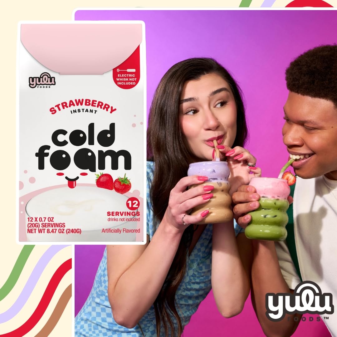 YULU FOODS Strawberry Instant Cold Foam Sticks – Non-Dairy Café-Style Foam for Iced Drinks (12 Servings, 8.47 oz)