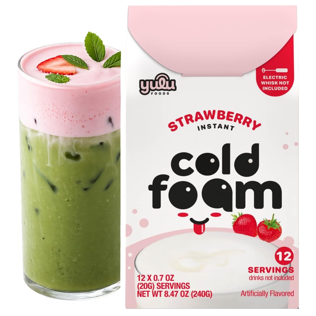 YULU FOODS Strawberry Instant Cold Foam Sticks – Non-Dairy Café-Style Foam for Iced Drinks (12 Servings, 8.47 oz)