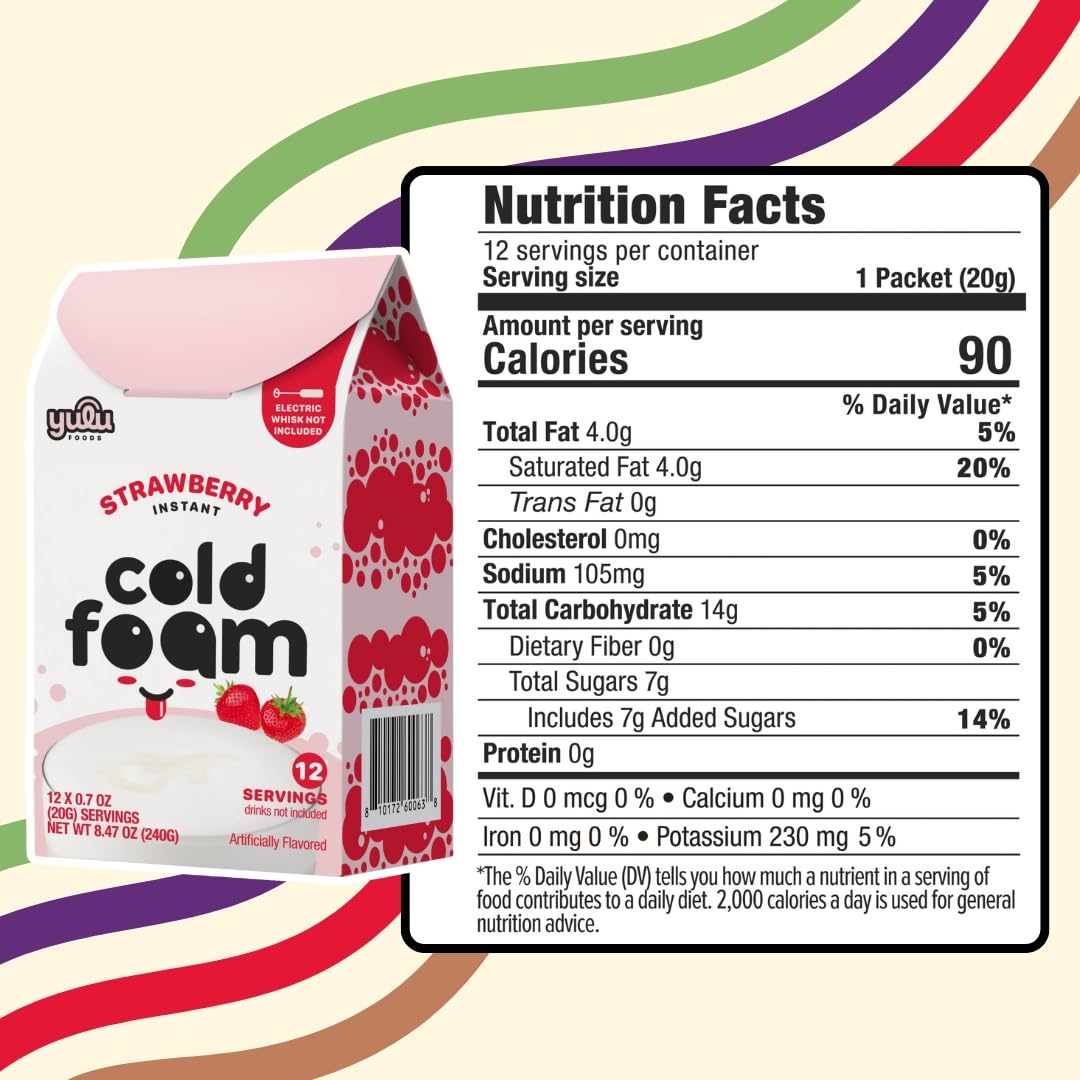 YULU FOODS Strawberry Instant Cold Foam Sticks – Non-Dairy Café-Style Foam for Iced Drinks (12 Servings, 8.47 oz)