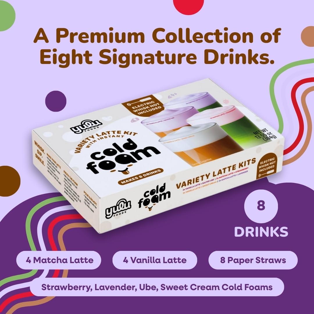 YULU FOODS Instant Latte + Cold Foam Variety Kit — 8 Drinks, 8.47 oz | Matcha & Vanilla Lattes + Strawberry, Lavender, Sweet Cream & Ube Cold Foams | Shelf-Stable, Non-Dairy