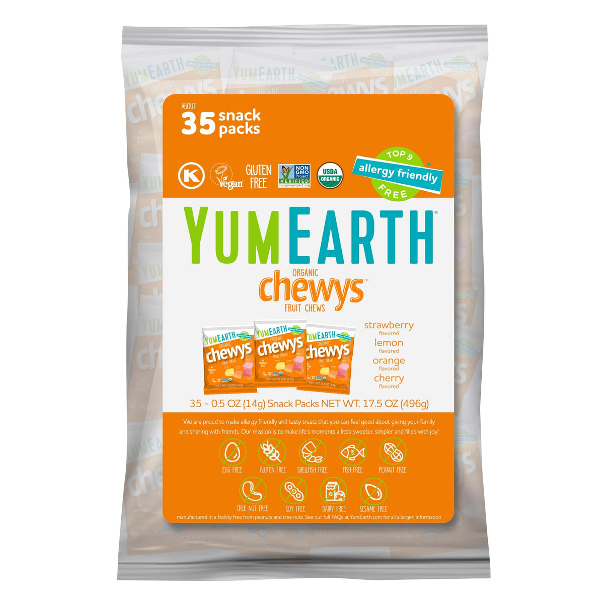 YumEarth Organic Chewys Fruit Flavored Candy Chews – Allergy-Friendly, Gluten Free, Non-GMO, Vegan, No Artificial Dyes (35-Count)