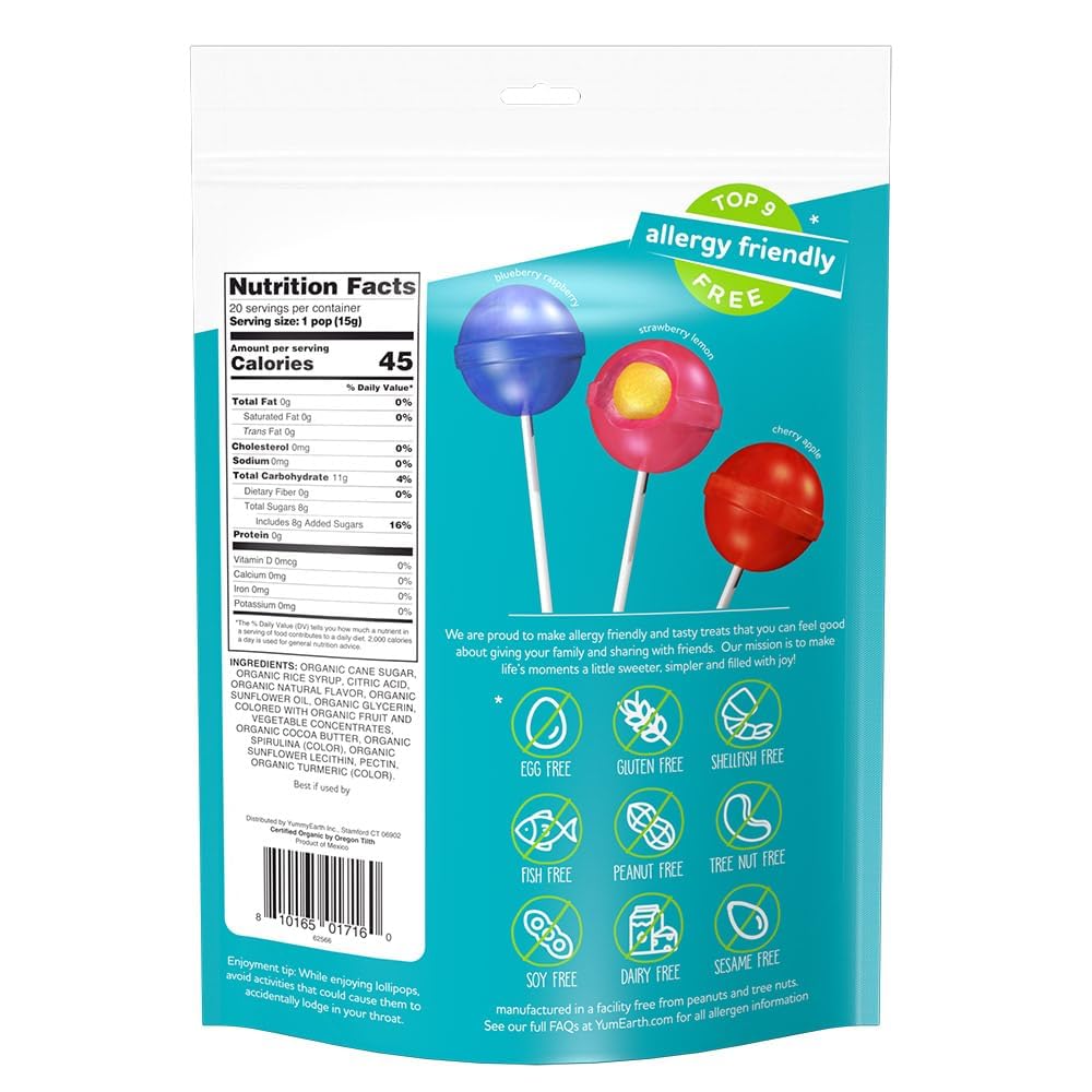 YumEarth Organic Duo Pops – Allergy-Friendly, Vegan, Gluten-Free Lollipops with Fruit Chew Centers (Pack of 3, 20 Count)