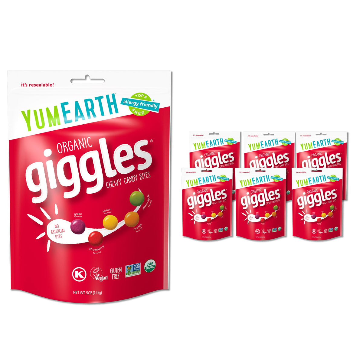 YumEarth Organic Giggles Chewy Candy – Allergy Friendly, No Dyes, Vegan & Gluten Free (5 oz x6)