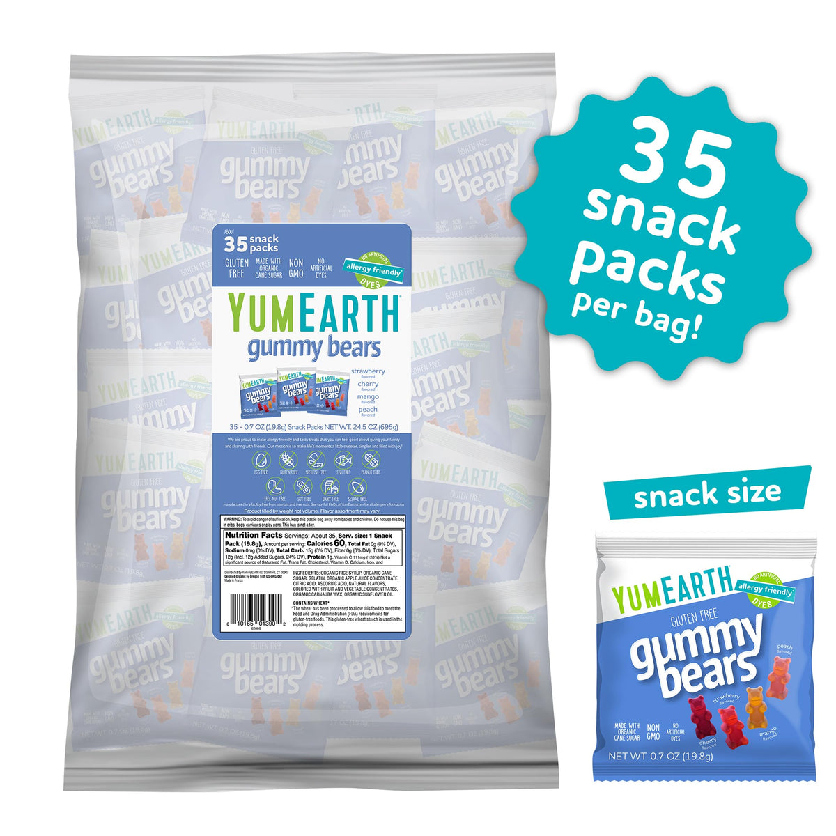 YumEarth Organic Gummy Bears – Gluten Free, Allergy Friendly, 35-Pack (0.7 oz each)