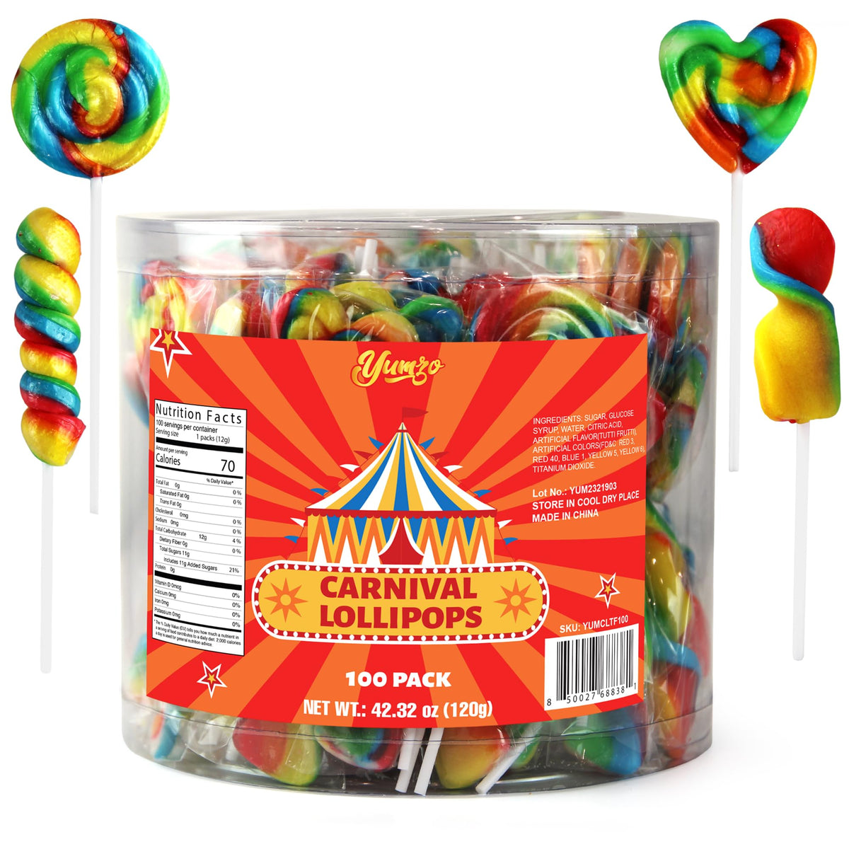 Yumzo Carnival Lollipops Rainbow Twist – 100 Count, Individually Wrapped Unicorn Party Favors