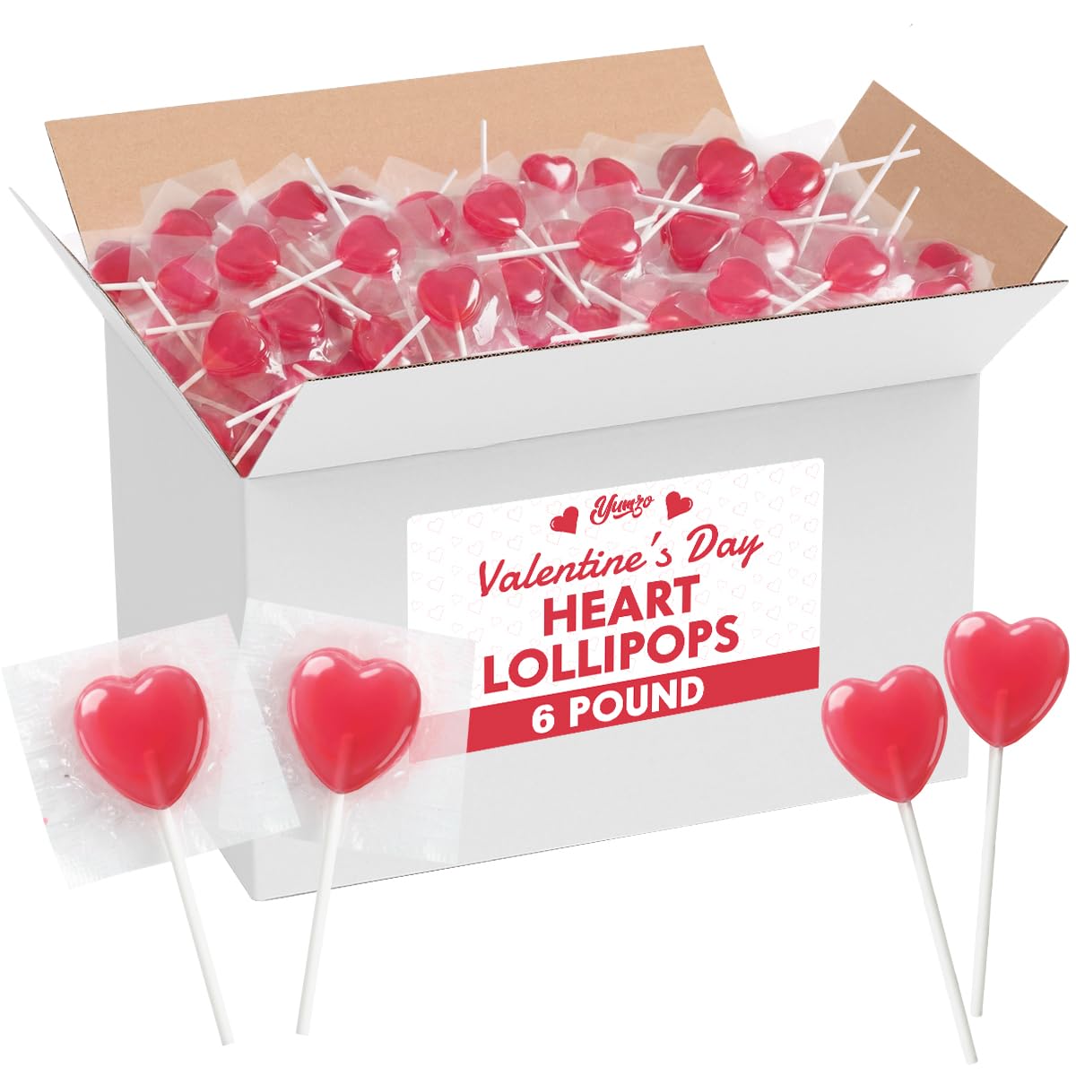 Yumzo Heart Shaped Lollipops – 6lb Valentines Candy Bulk, Strawberry Flavor, Individually Wrapped