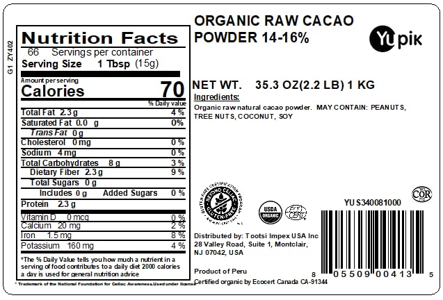 Yupik Organic Raw Cocoa Powder 2.2 lb – No Added Sugar, Gluten-Free, GMO-Free, Kosher, Vegan