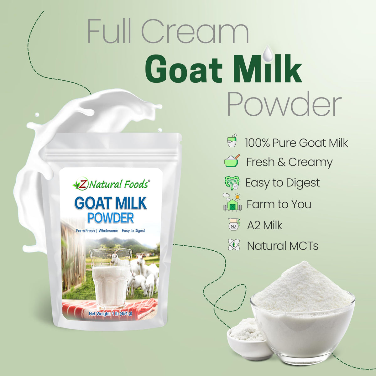Z Natural Foods Goat Milk Powder - Pure Netherlands Full Cream Goat Milk, 1 lb