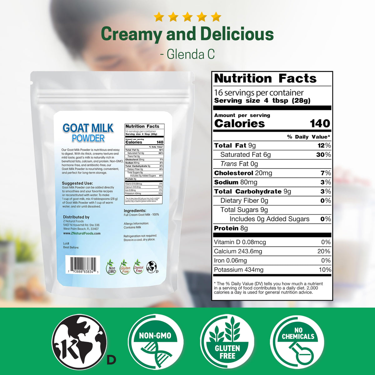 Z Natural Foods Goat Milk Powder - Pure Netherlands Full Cream Goat Milk, 1 lb