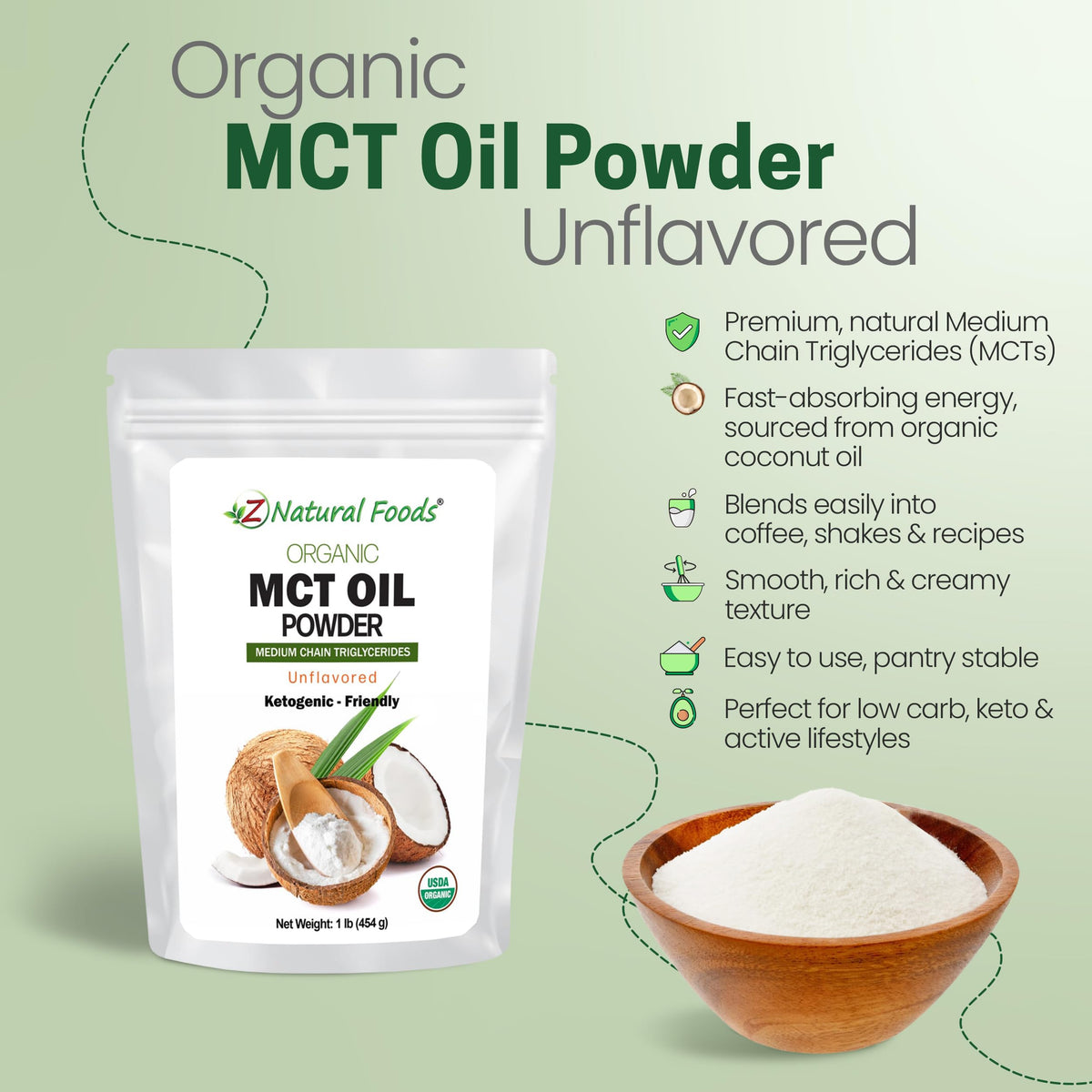 Z Natural Foods Organic MCT Oil Powder with Prebiotic Acacia Fiber – C8 & C10, Unflavored Vegan Creamer