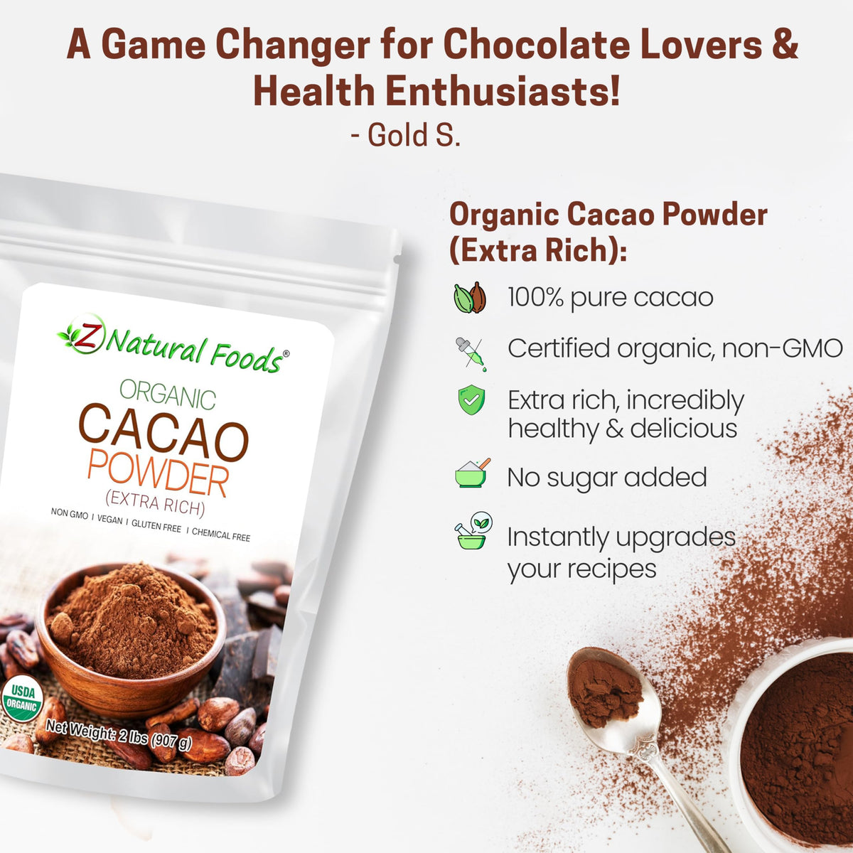 Z Natural Foods Organic Cacao Powder — Extra-Rich Dark Chocolate Flavor, 2 lbs (Non-GMO, Vegan, Gluten-Free, Kosher)