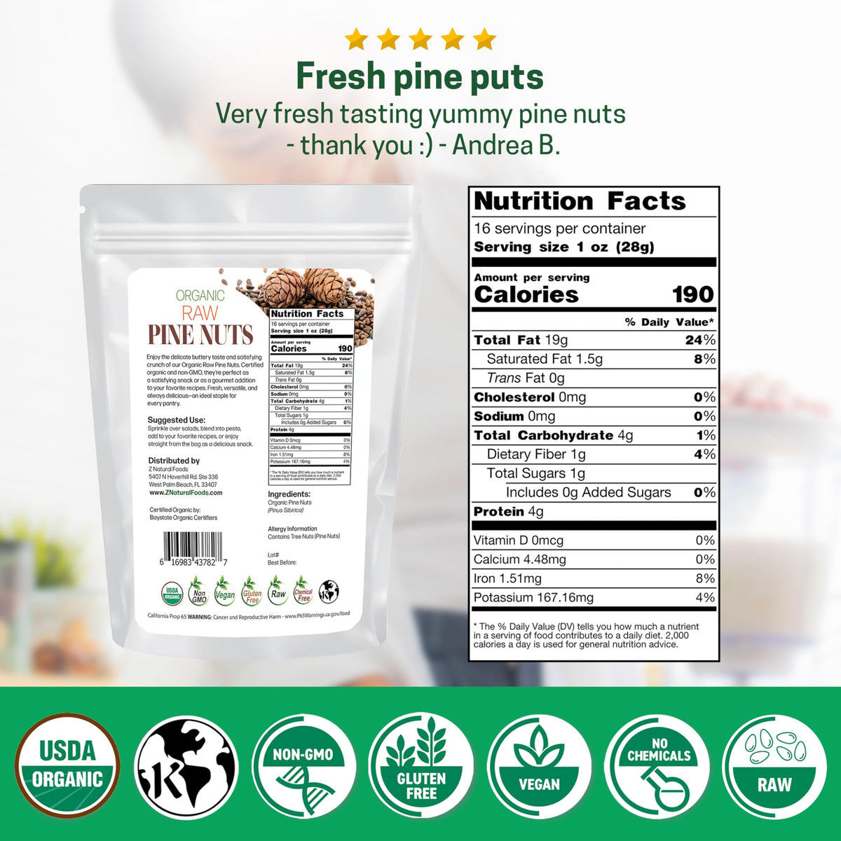 Z Natural Foods Organic Pine Nuts - Raw, Keto-Friendly, Gluten-Free, 1 lb