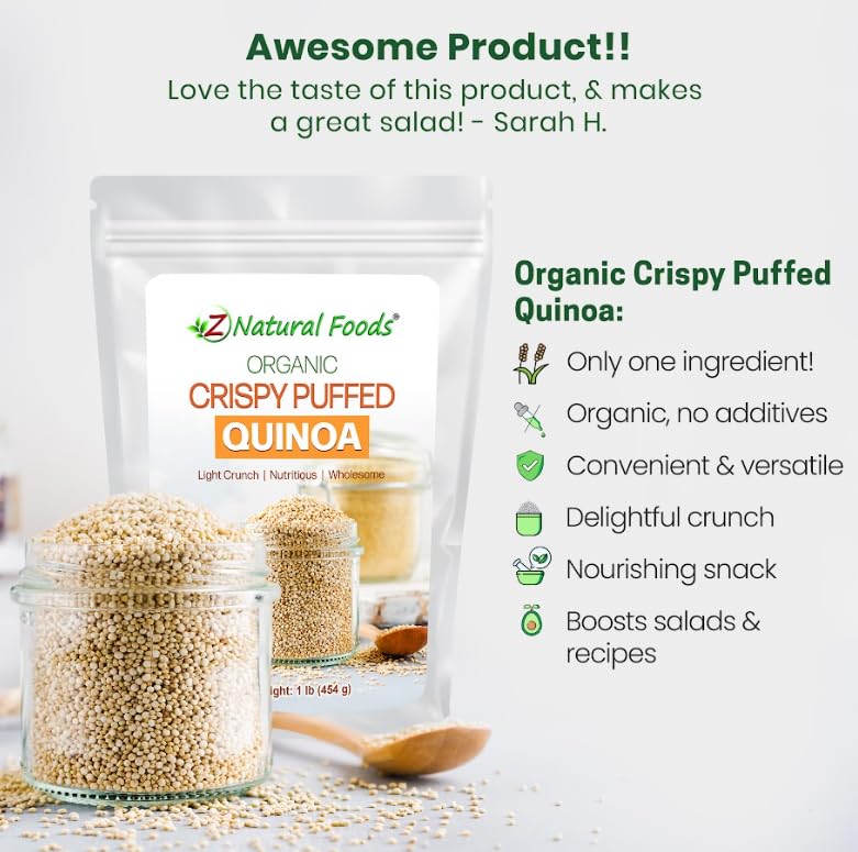 Z Natural Foods Organic Crispy Puffed Quinoa – Real Crisped Quinoa Vegan Superfood Snacks