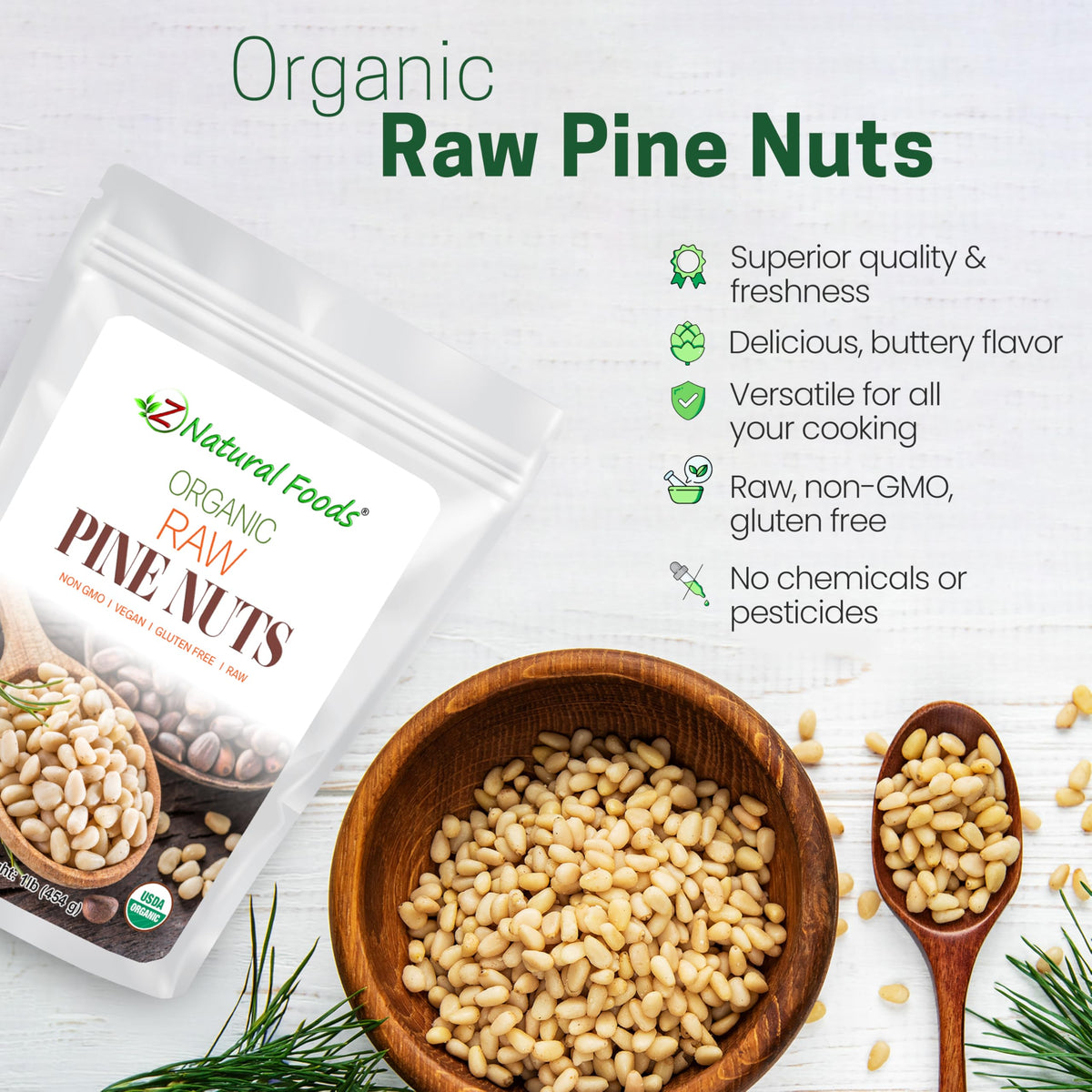 Z Natural Foods Organic Pine Nuts - Raw, Keto-Friendly, Gluten-Free, 1 lb