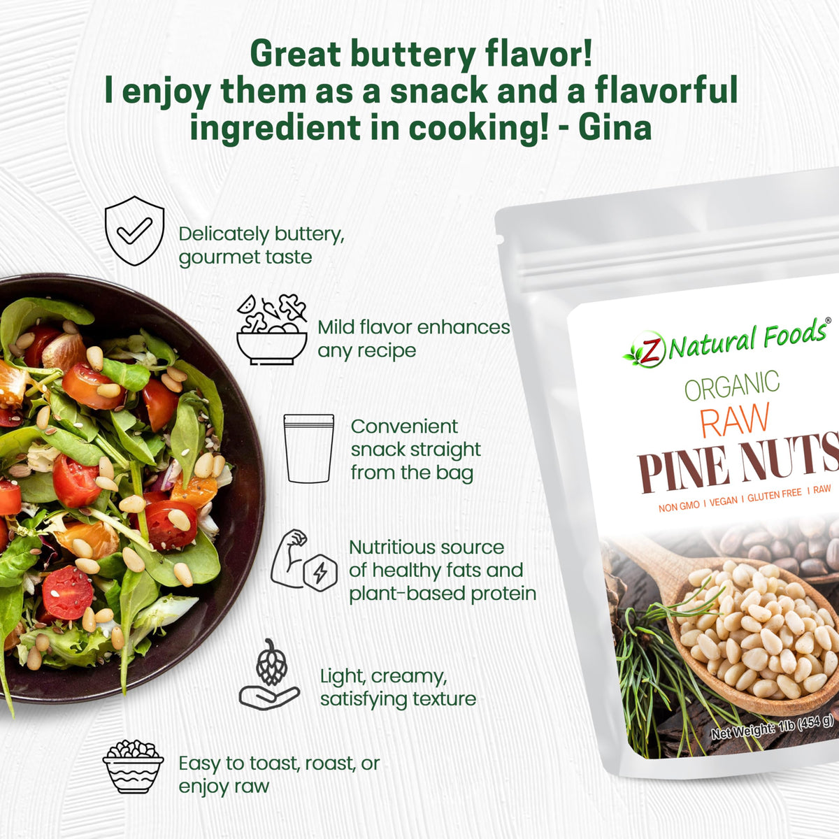 Z Natural Foods Organic Pine Nuts - Raw, Keto-Friendly, Gluten-Free, 1 lb