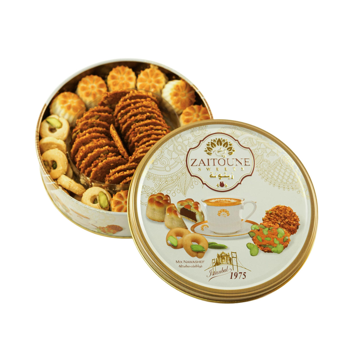 Zaitoune Premium Mini Mixed Cookies – 9 oz Gift Tin (Date Maamoul, Barazek & Ghraybeh)