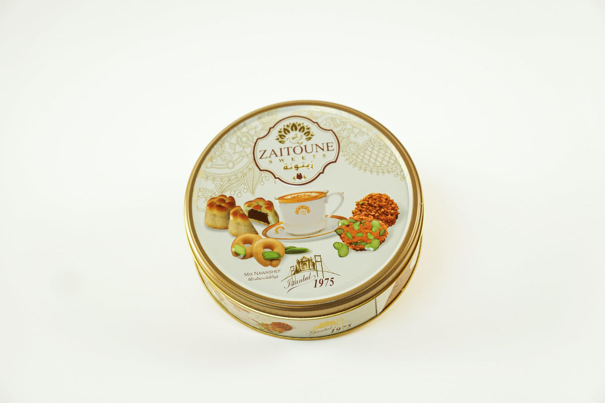 Zaitoune Premium Mini Mixed Cookies – 9 oz Gift Tin (Date Maamoul, Barazek & Ghraybeh)