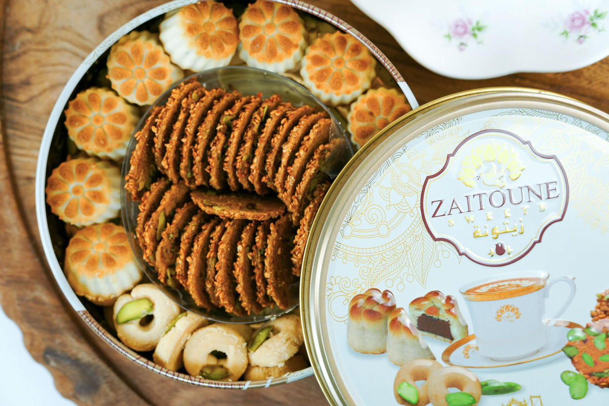 Zaitoune Premium Mini Mixed Cookies – 9 oz Gift Tin (Date Maamoul, Barazek & Ghraybeh)