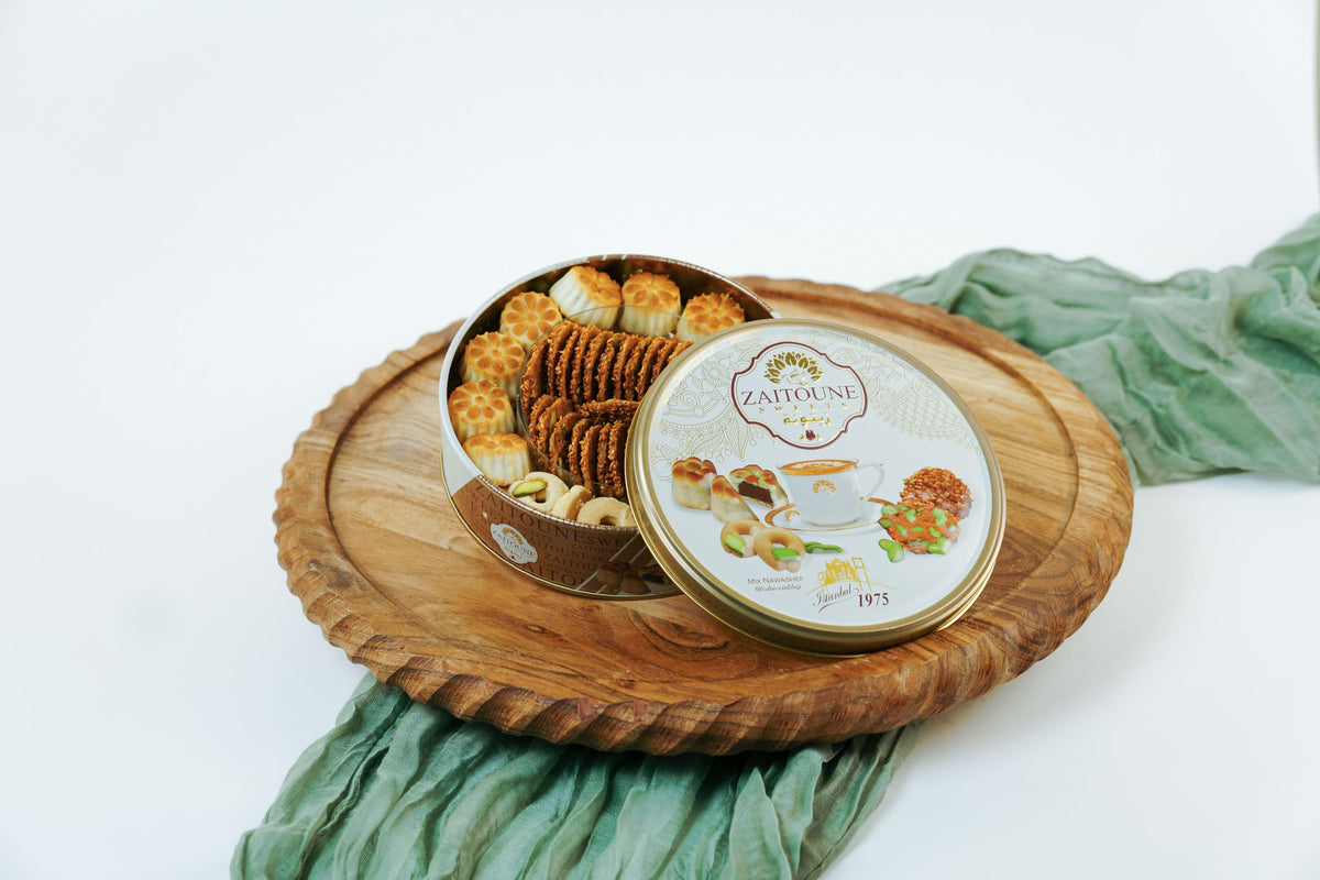 Zaitoune Premium Mini Mixed Cookies – 9 oz Gift Tin (Date Maamoul, Barazek & Ghraybeh)