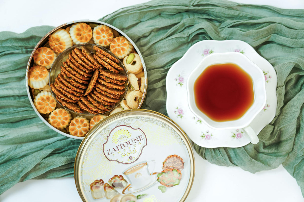 Zaitoune Premium Mini Mixed Cookies – 9 oz Gift Tin (Date Maamoul, Barazek & Ghraybeh)
