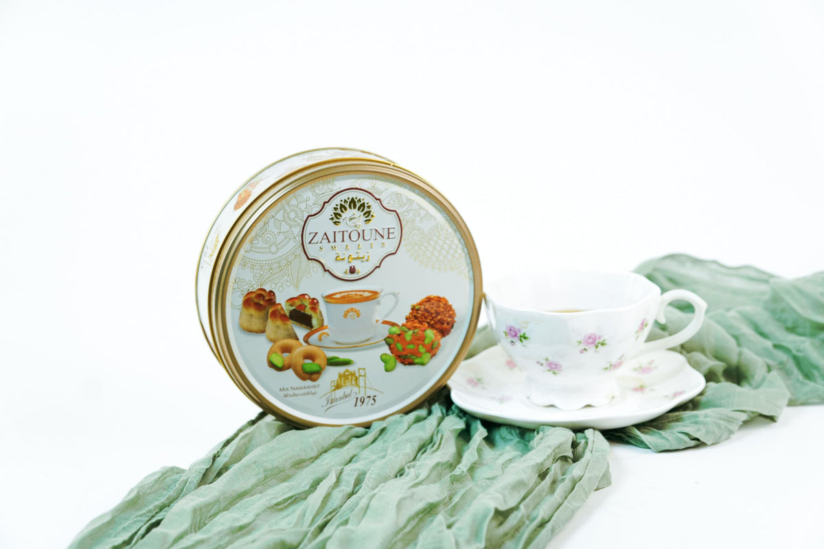 Zaitoune Premium Mini Mixed Cookies – 9 oz Gift Tin (Date Maamoul, Barazek & Ghraybeh)