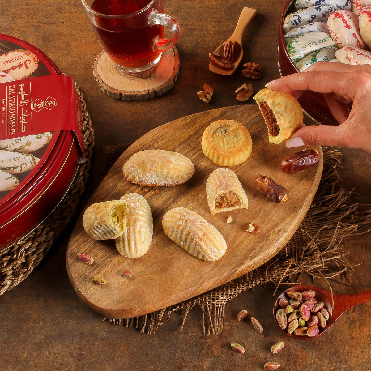 Zalatimo Mixed Mamoul Cookies 1kg – Handmade Pistachio, Walnut & Date Shortbread in Gift Tin