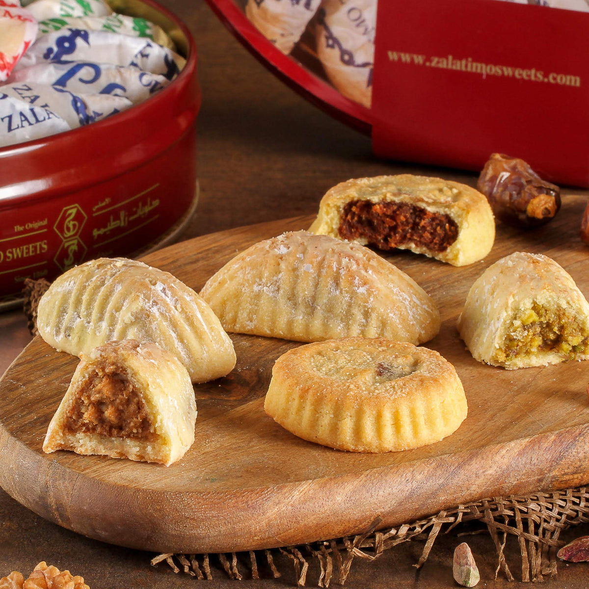 Zalatimo Mixed Mamoul Cookies 1kg – Handmade Pistachio, Walnut & Date Shortbread in Gift Tin
