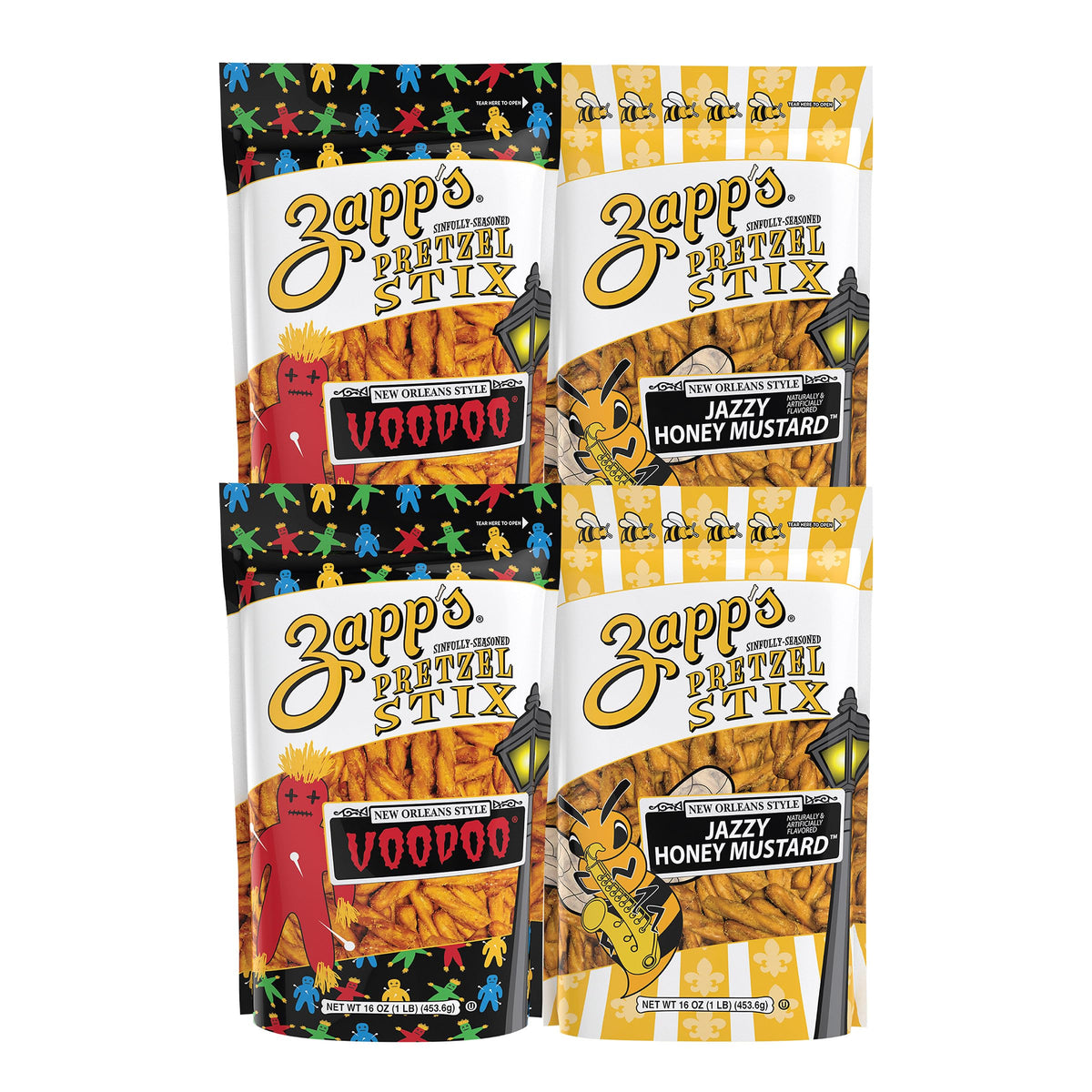 Zapp's Seasoned Pretzel Stix Variety Pack – Voodoo & Jazzy Honey Mustard, 16oz Pouch, Pack of 4