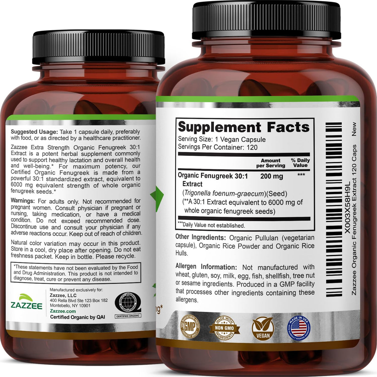 Zazzee USDA Organic Fenugreek 30:1 Extract – 120 Veg Capsules, 4 Month Supply, Made in USA