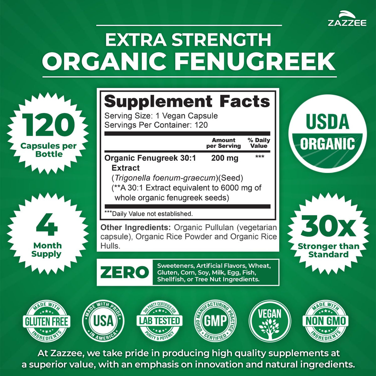 Zazzee USDA Organic Fenugreek 30:1 Extract – 120 Veg Capsules, 4 Month Supply, Made in USA