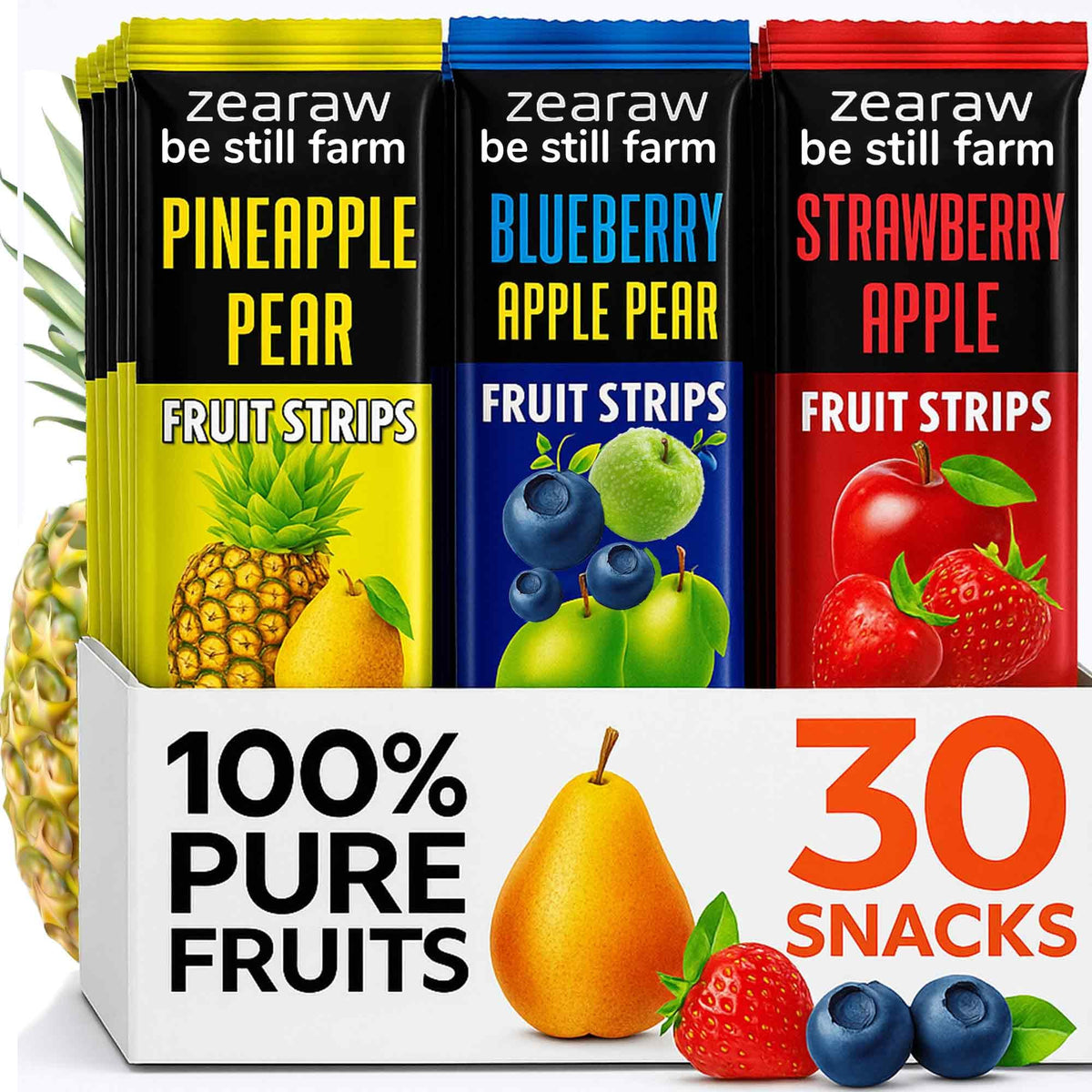 ZEARAW Fruit Snack Variety Pack – 30 Gluten-Free Vegan, Sugar-Free Strips | Be Still Farms