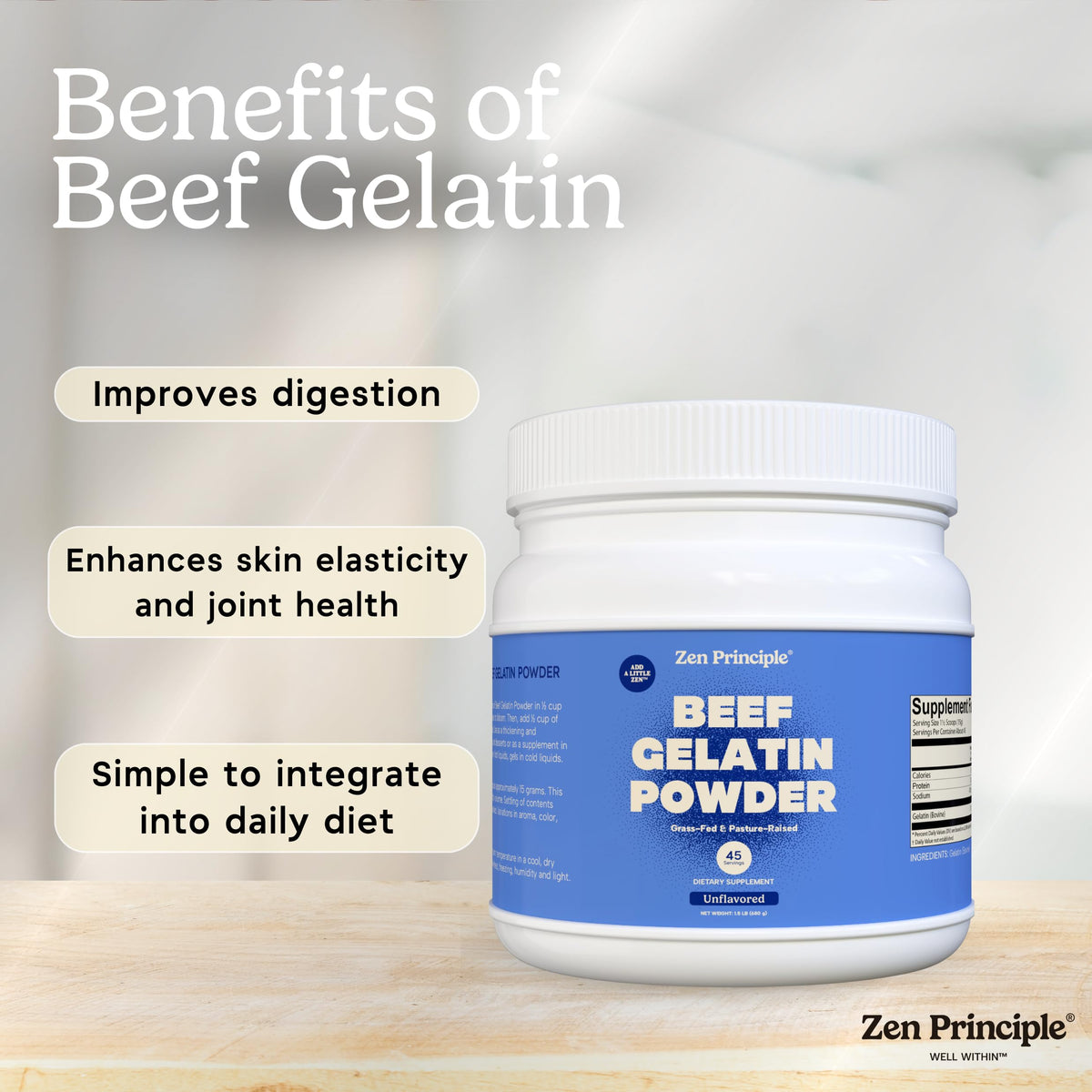 Zen Principle Grass-Fed Gelatin Powder – 1.5 lb, Unflavored, Keto & Paleo Friendly, 13g Protein per Serving