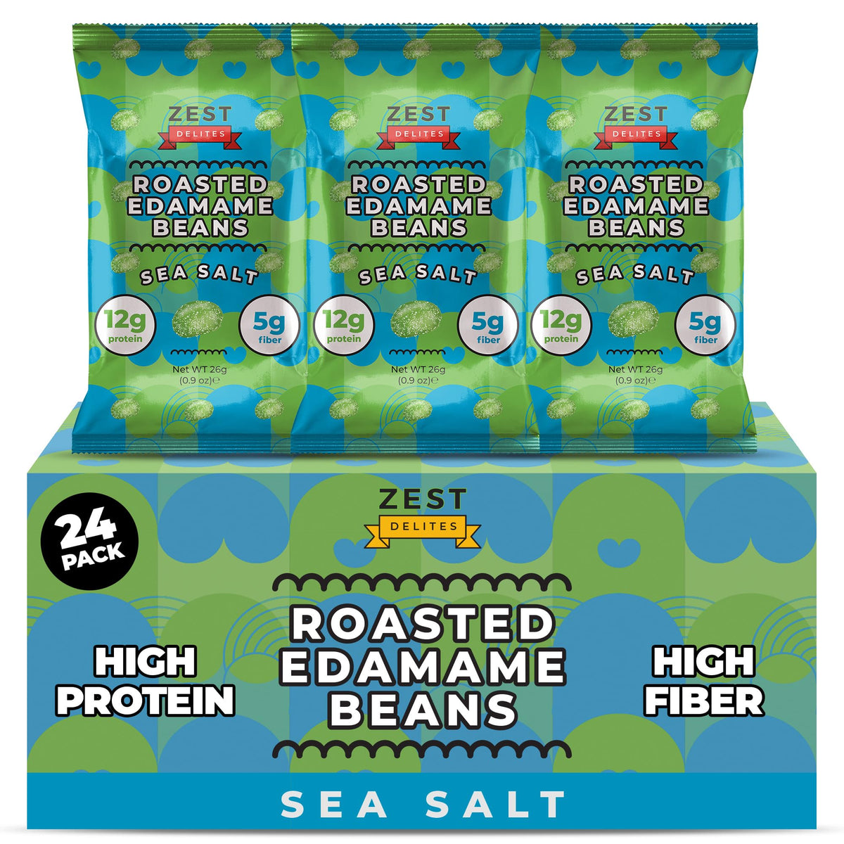 Zest Delites Edamame Snack — Crunchy Dry Roasted Sea Salt, 12g Protein, Vegan, Keto, 0.9oz 24 Pack