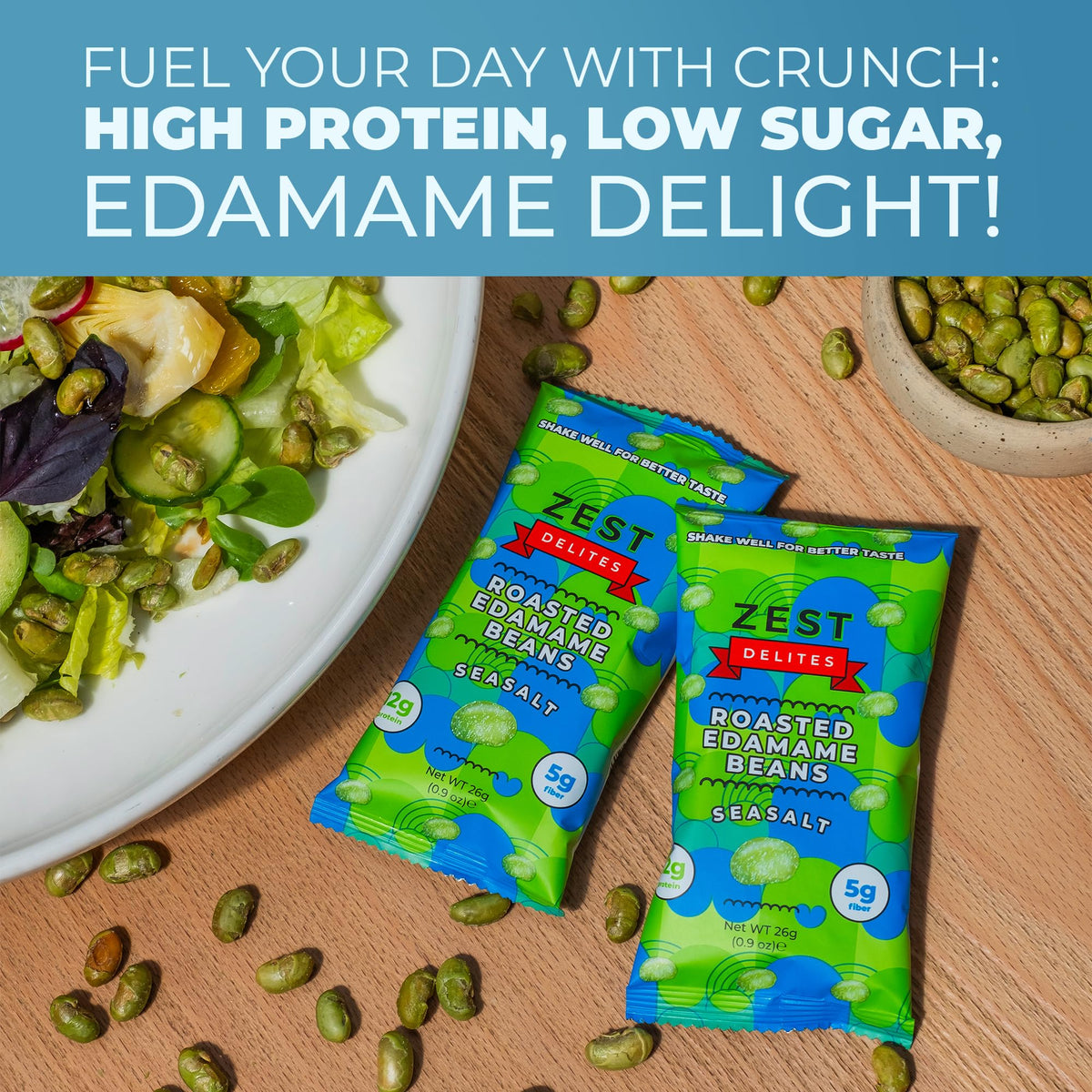 Zest Delites Edamame Snack — Crunchy Dry Roasted Sea Salt, 12g Protein, Vegan, Keto, 0.9oz 24 Pack